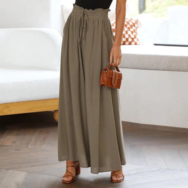 Calça feminina feminino perna larga cor sólida ladies lisões de verão cintura elástica elegante estilo bohemiano de estilo boêmio