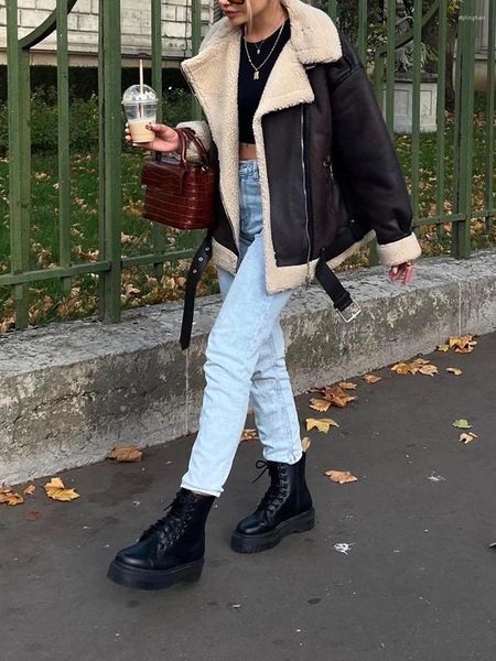 Damenjacken Frauen PU Ledermantel mit Kunstlamm Reverskragen Fleece Futter Langarm Reißverschluss Reißverschluss Outwear Taschen Taschen