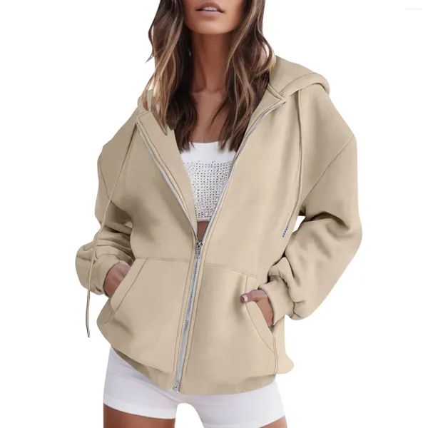 Hoodies femininos oversized zip up para mulheres adolescentes meninas de manga comprida moletom com capuz outono inverno roupas jaqueta com cordão com bolso