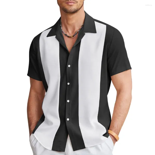 Camisas casuais masculinas moda homens vintage bowling havaiano manga curta botão para baixo solto camiseta algodão oxford listrado roupas masculinas