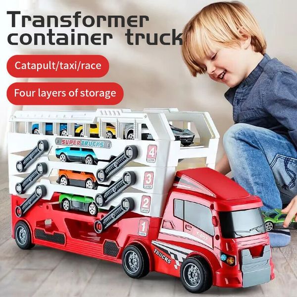 Carro de engenharia de caminhão recipiente ejetor com 6 liga brinquedo infantil puxar para trás presente de ação de graças de natal 231220