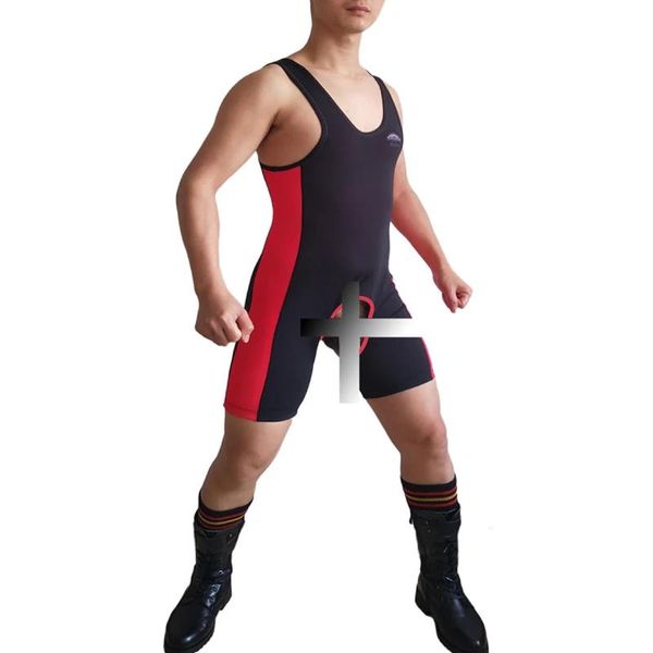 Indossa Badiace Uomo Un pezzo con apertura sul cavallo e bottone aperto Canottiera personalizzata da wrestling gay Vestito da palestra per sollevamento pesi sexy