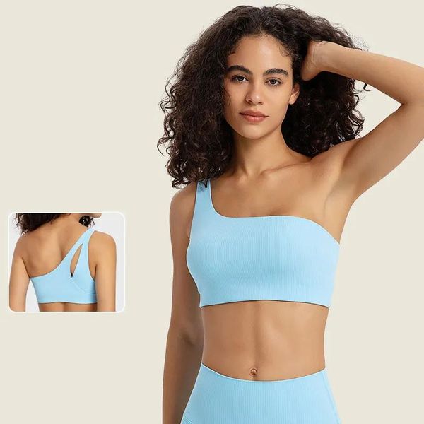 Roupa L369 SPR listrado com nervuras de ioga assimétrica Tops onestrap Bra removível Copo esportivo de sutiã de moda feminina tanque de tanques