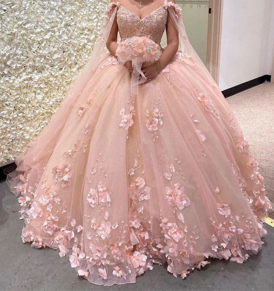 Blush romântico 3d flores vestido de baile quinceanera vestidos de baile com capa envoltório caftan frisado renda longo doce 16 vestido vestidos 15 anos