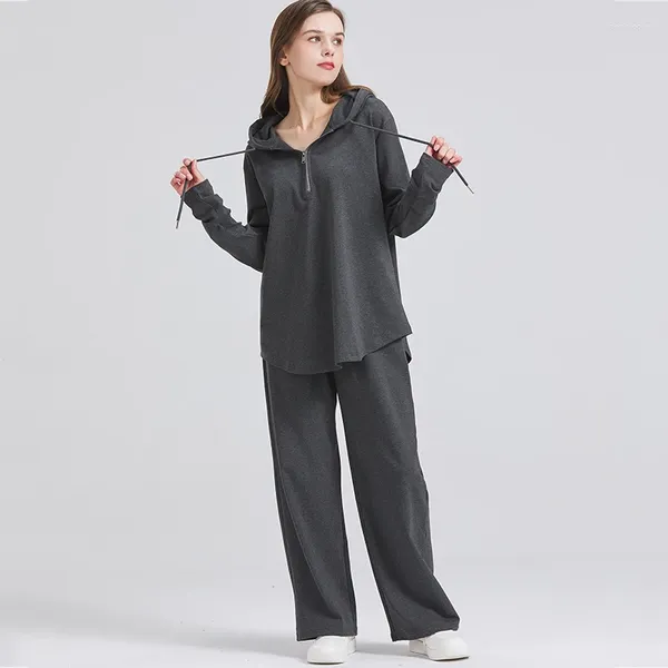 Pantaloni a due pezzi da donna Pantaloni larghi con cappuccio grigio scuro Pantaloni anti-pilling Tessuto di cotone spandex altamente elastico Lunghezza intera Manica lunga Alta