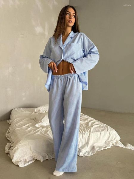 Женская одежда для сна Marthaqiqi, синяя женская ночная рубашка, костюм с длинным рукавом, ночная рубашка, сексуальные брюки с отложным воротником, зимние свободные женские ночные рубашки, комплект