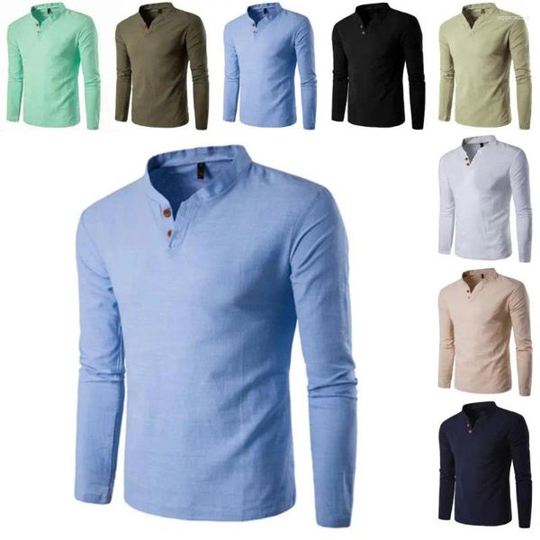 Camisas casuais masculinas plus size manga longa vestido de algodão botões de linho com decote em v gola masculina topo camisas hombre