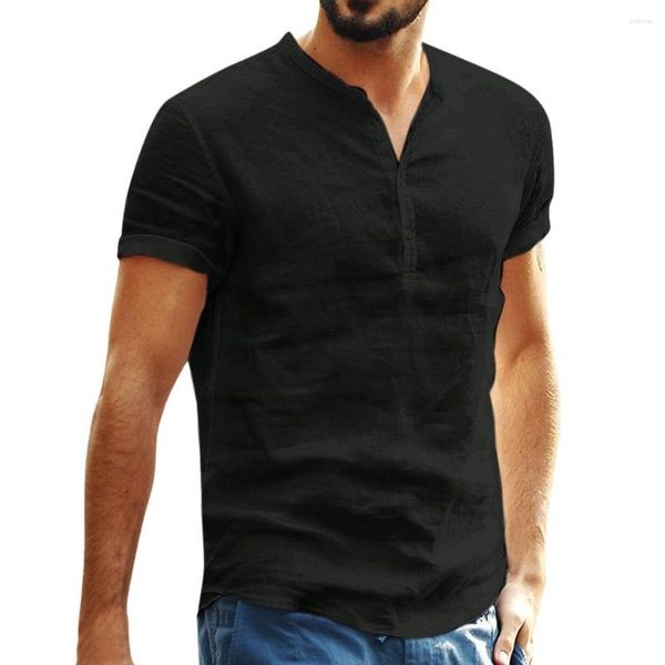 Camiseta masculina blusa folgada algodão linho cor soid manga curta