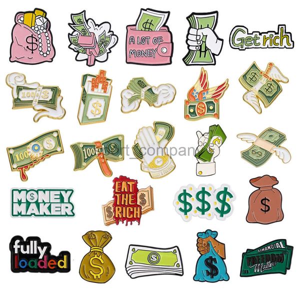 Money Money Metal Briglia Money Gun Get Rich Wings Dollar Money Bagna Piggy Bank Bank Distintivo oro Punk Pins Regalo per gioielli