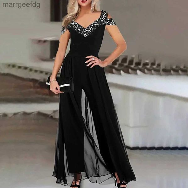 Jumpsuits von Frauen ROMPERS Women New Sommer 2023 Ein Stück solide lässige hohe Taille gegen Hals weit Bein langen Hosen Overall Office Lady Rompers YQ231220