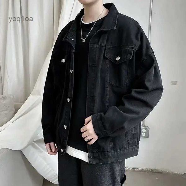 Jaquetas masculinas preto denim jaqueta curta homens jeans jaqueta casacos casuais blusão bolsos macacão bombardeiro streetwear homem roupas outwearl231026