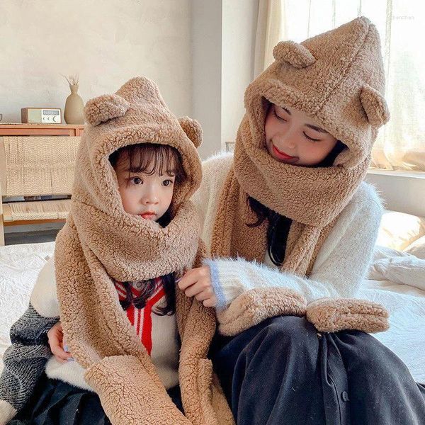 Berets Pai-Filho Chapéu de Inverno Cachecol Luvas Definir Cor Sólida Mulheres De Pelúcia Capuz Cap Lenços Mittens Bonito Urso Dos Desenhos Animados Crianças Bonnet