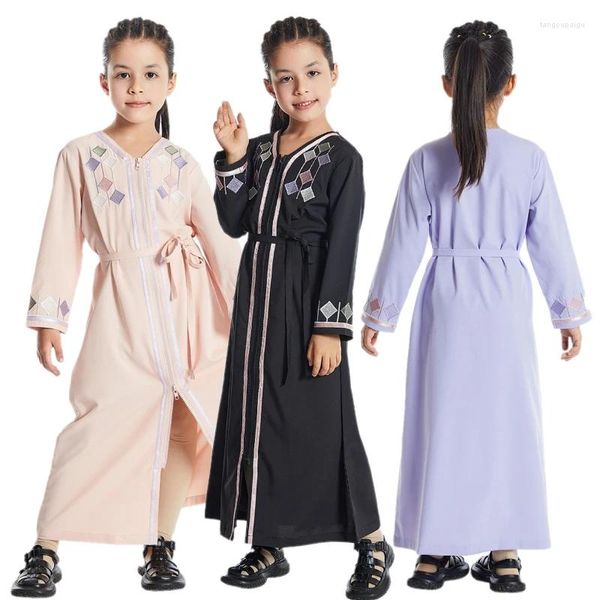 Abbigliamento etnico Ramadan Musulmani Bambini Ragazze Cerniera anteriore aperta Abaya Marocco Caftano Islamico Adolescenti Vestiti Arabo Jalabiya Robe Caftano
