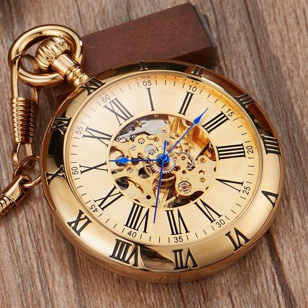 Luxo Gold Gold Automático Pocket Pocket Watch Retro Cobper Watches Numbers romanos FOB Chain Pingents Men Women223d