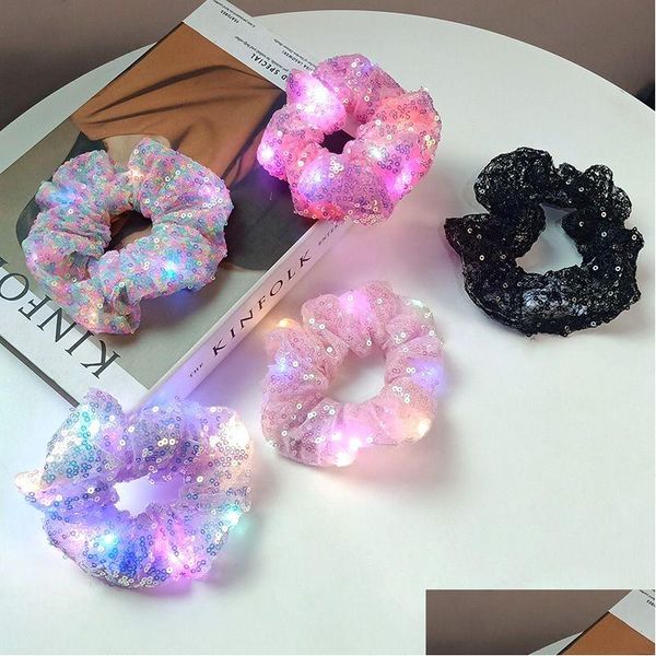 Acessórios para cabelos meninas luminadas luminosas lantejoulas de cabelo scrunchies de cabelo pico de rabo de cabelo de cabeça de cabeça sólida elástica bandas de cabelo Drop dell Dhj2e