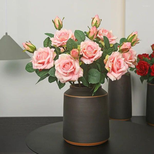 Flores decorativas vintage grandes rosas ramo de seda artificial 2 cabeça grande flor rosa branca falso outono casamento decoração do quarto casa