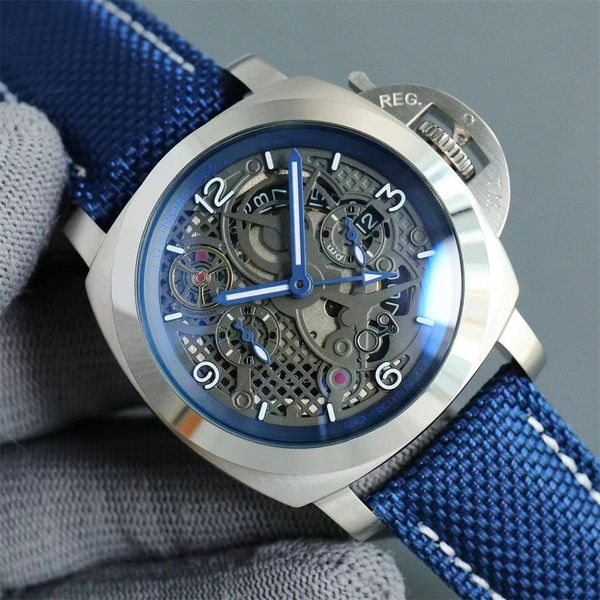 Alta qualidade marca superior panerax relógio masculino oco design personalizado lona pulseira de couro safira espelho designer movimento mecânico homem relógio