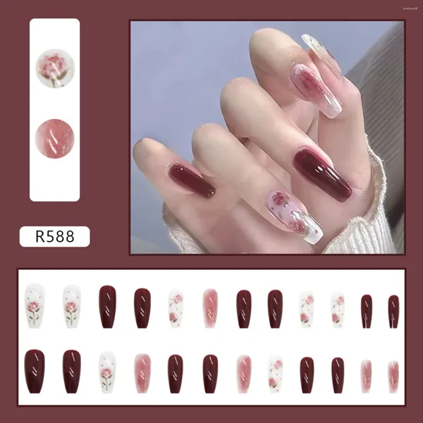 Falsas unhas dicas de unhas francesas para acrílico curto avermelhado marrom remendo rosa padrão longo gel removível x caixão