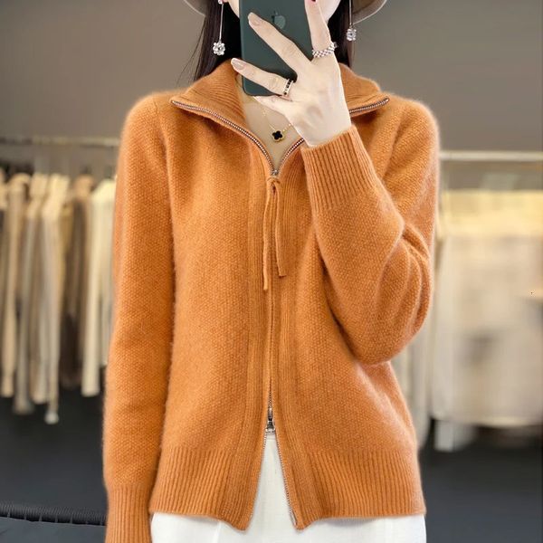 Maglioni da donna Europeo Grasso MM Colletto alla coreana 100 Lana Cardigan in maglia con cerniera Donna Maglione sciolto di grandi dimensioni Autunno e inverno Top spesso 231219