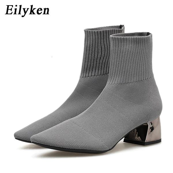 Botas EilyKen 2023 Outono Inverno Malha Stretch Tecido Meia Baixo Salto Curto Cinza Apontou Toe Feminino Ankle Booties 231219