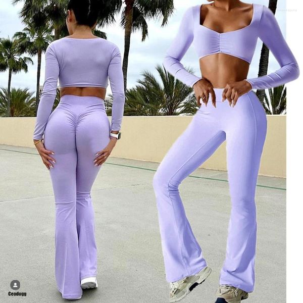 Set attivi 1/2 pezzi Top a manica lunga Crop Top Set da yoga Donna Gym Sport Big Leg Flare Scrunch Pant Allenamento Fitness Legging Wear Tute