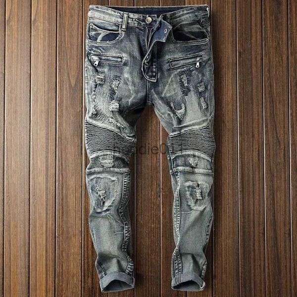 Jeans masculinos outono hip hop homens estiramento magro jean designer jean retro locomotiva homens motocicleta retalhos moda marca denim high street l231220