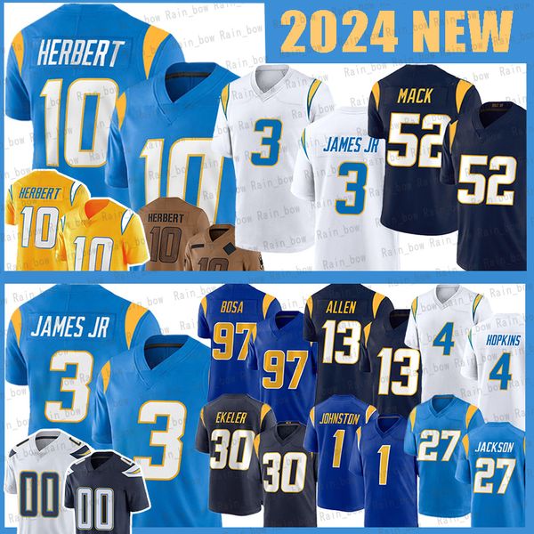 10 Justin Herbert Camisas de futebol Joey Bosa Keenan Allen Derwin James Jr Tuli Tuipulotu Austin Ekeler Khalil Mack Quentin Johnston Corey Linsley Rashawn Slater