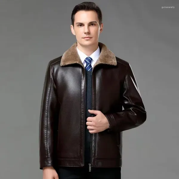 Casacos de trincheira masculina outono e inverno pêlo integrado jaqueta curta de manga quente couro de meia-idade de meia-idade
