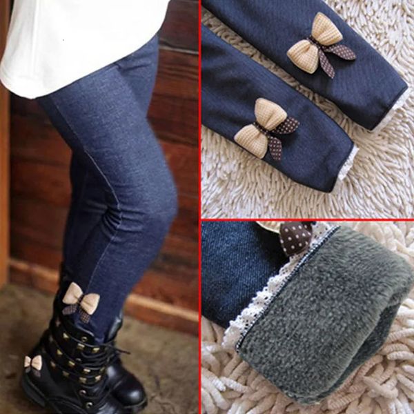 Herbst Winter Mädchen Jean Hosen Warme Kinder Leggings Verdicken Samt Bowknot Kinder Hosen Baby Mädchen Hosen Icing Leggings 231219