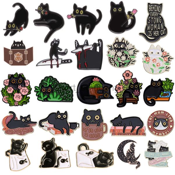 Cute Black Cat esmalte o broche de gato de gato planta rosa livro café gato saco de peixe