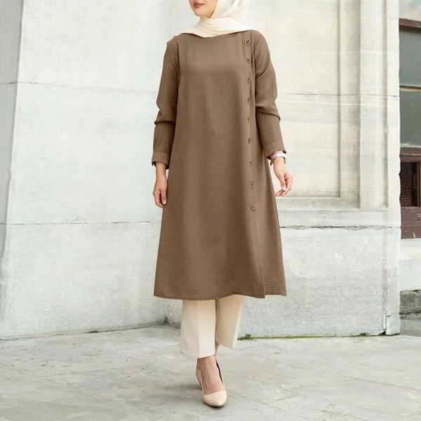 Abbigliamento etnico Abito da donna musulmano Mubarak Abaya Eid Ramadan Tinta unita Manica lunga Malaysia Lady Decorazione con bottoni Casual Ropa Islam