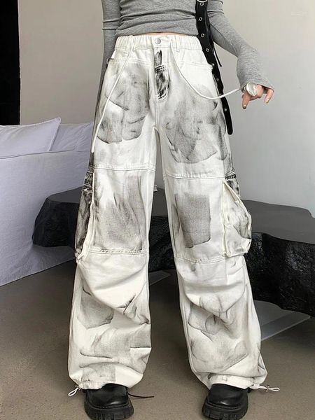 Calças de brim femininas 2023 ropa grunge y2k streetwear branco baggy calças de carga para roupas femininas em linha reta solta senhora hip hop harajuku