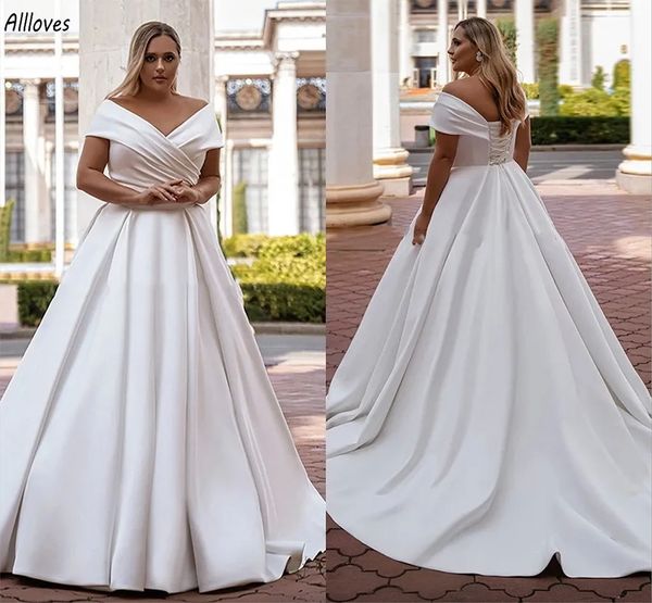 V Neck Off Plouds a Line Wedding Plays Простые белые атласные элегантные свадебные платья Boho Garden Plus vestidos de novia sweep train train crear trace up back rabes