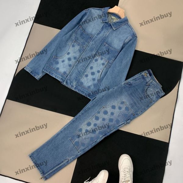 Xinxinbuy 2024 Мужская дизайнерская куртка с тиснением букв и принтом джинсовые комплекты с длинными рукавами женские Черный, белый, синий, серый, хаки, желтый, XS-2XL