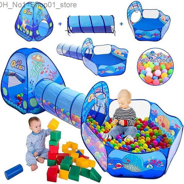 Tendas de brinquedo 3 em 1 jogo tocam brinquedos de bebê piscina de bola para crianças bolas de oceano piscina de crianças dobráveis ​​jogam túnel de túnel de tenda q231221