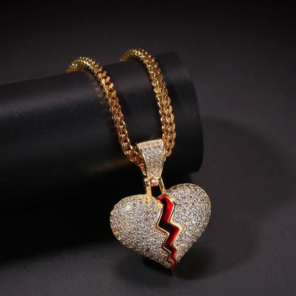 Collana con pendente a cuore piccolo ghiacciato con catena a corda Gioielli hip hop in zirconi cubici color oro argento305u