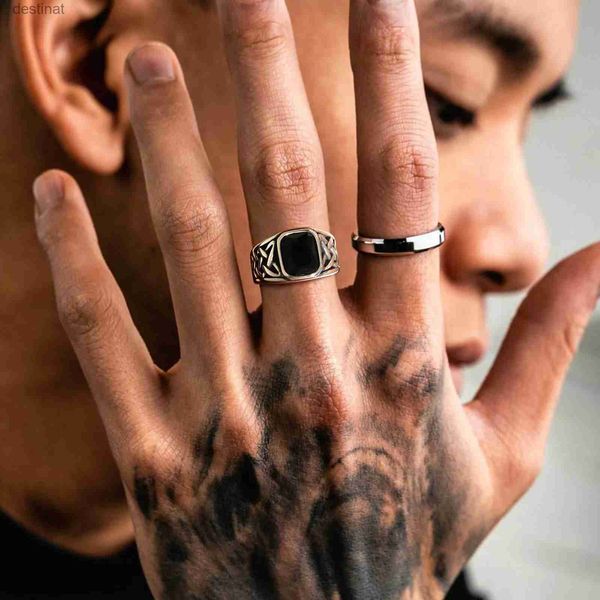 Кольцо-пасьянс в стиле панк, винтажные этнические кольца для мужчин, ретро-кольцо с руной и узлом викингов, черный геометрический квадратный камень, перстень с печаткой, JewelryL231220