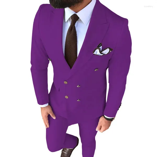 Ternos masculinos Terno de 2 peças Definir qualidade Purple Purple Double Basted Groom Vestido de noiva Banquetes Slim Fit Blazer Masculino Pant masculino