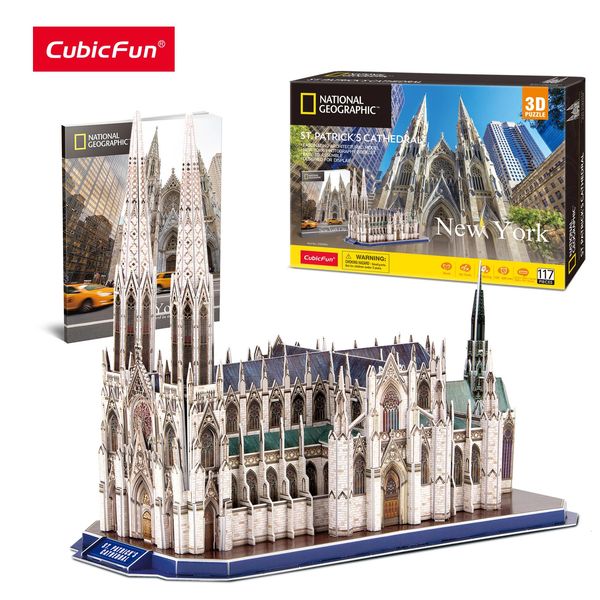 Quebra-cabeças 3D CubicFun National Geographic St Patrick's Cathedral Model Kits 117pcs York Architecture Building para adultos crianças 231219