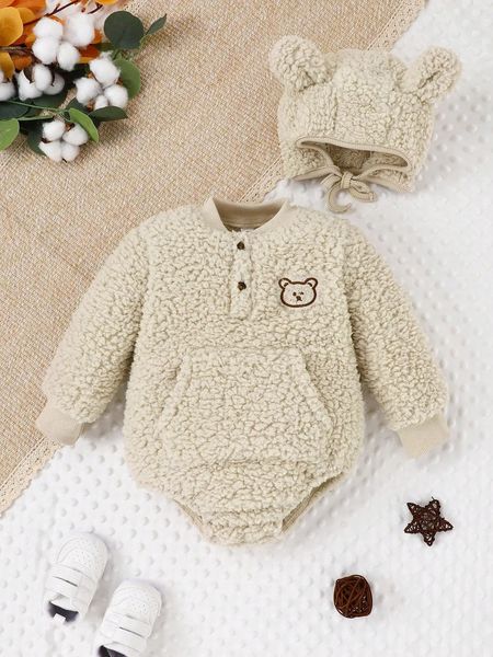 Baby-Strampler, Beanie-Outfits für 2-teilig, Herbst und Winter, süß, warm und bequem, aprikosenfarbenes, flauschiges Bärenmuster 231220