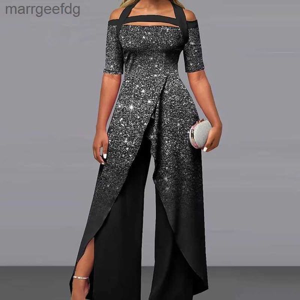 Damen Jumpsuits Strampler Eleganter Musterdruck Kurzarm Langer Overall Frauen Chic Rückenfrei Schnürung Unregelmäßiger Overall 2023 Mode Weiblich Split Strampler YQ231220