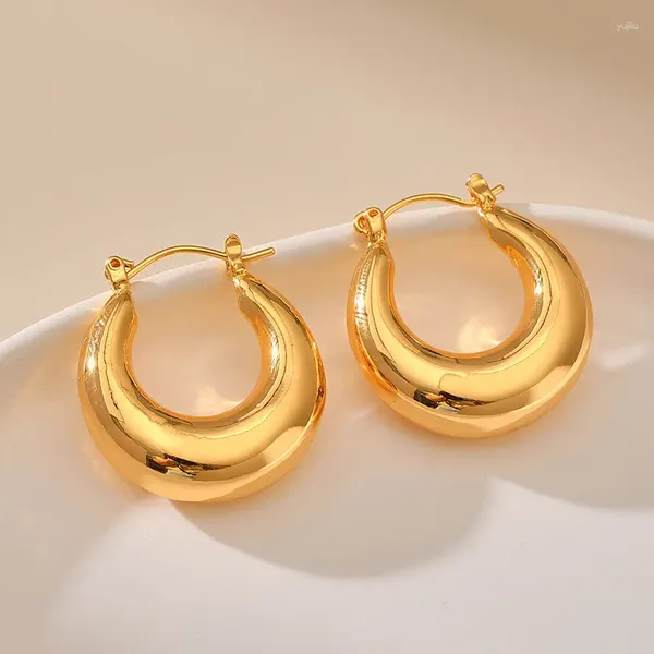 Creolen im Vintage-Stil aus massivem Metall, kurz, dick, vermessingt mit 18 Karat echtem Gold, klobig, für Damen, Schmuck, Geschenke