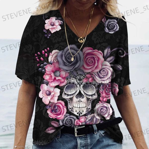 T-shirt da donna Estate 2022 Nuovo 3D Horror Skull Stampa T-shirt da donna con scollo a V a maniche corte Casual Divertente Harajuku Versatile Y2K Abbigliamento S-5XL T231220