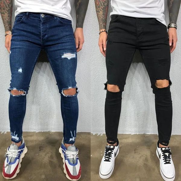 Мужские джинсы Мужские джинсы с дырками до колена Рваные эластичные узкие джинсовые брюки Сплошной цвет Черный Синий Осень Лето Стиль хип-хоп Брюки Slim Fit S-4XL 231219