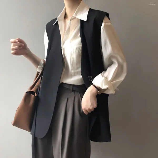 Kadın ceketleri v yaka takım elbise kahve rengi bahar ve sonbahar moda bağ yukarı gevşek kolsuz ceket