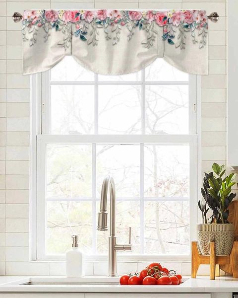 Cortina flor cor desenhada à mão janela sala de estar armário de cozinha amarração com haste de valência bolso