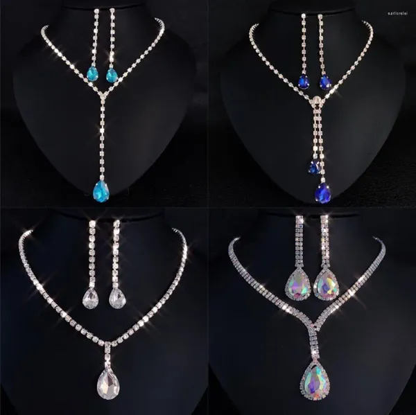 Brincos de colar Set Set Rhinestone Water Grow Pingente Long Silver Bated Crystal