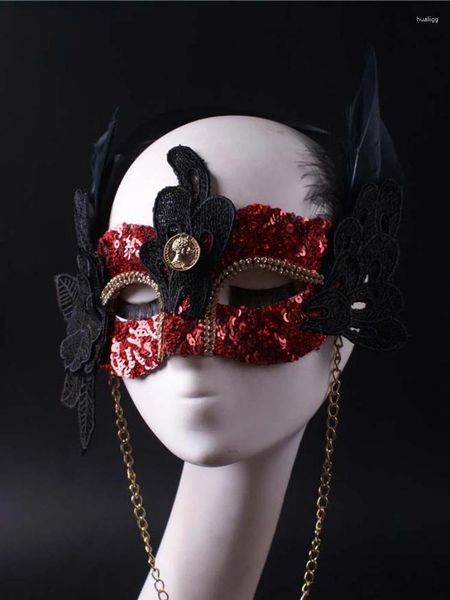 Forniture per feste Maschera Stesso stile per uomo e donna Decorazione con paillettes in piuma rossa adatta per balli da banchetto Oggetti di scena per riunioni annuali di Halloween