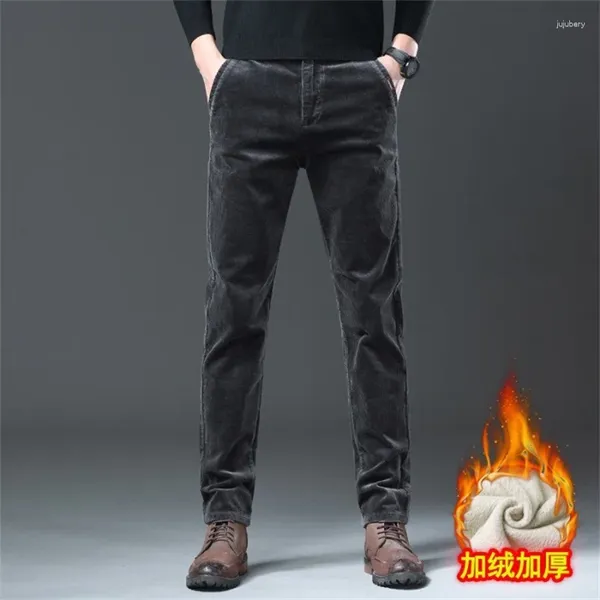 Мужские брюки 2023, осень/зима, плюшевые, теплые, вельветовые, повседневные, со средней талией, с прямыми рукавами, эластичные, облегающие