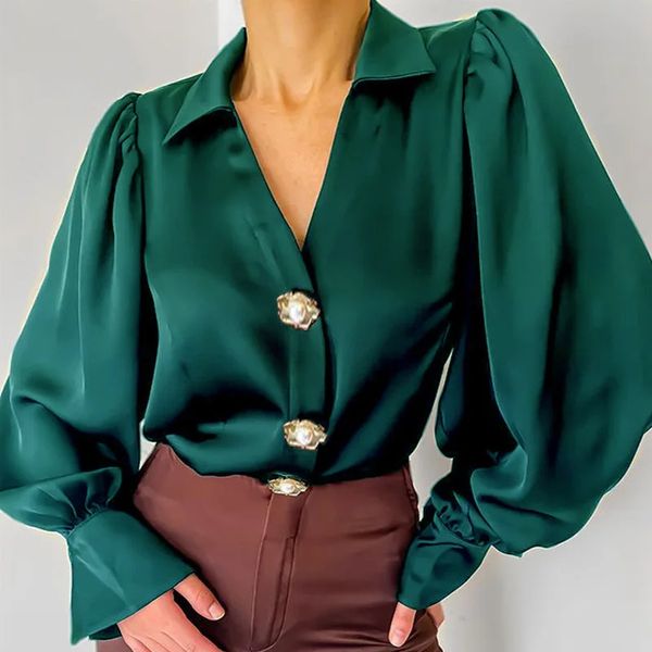 Moda feminina camisa mangas balão casual solto camisa de cetim outono novo 2022 feminino superior escritório camisa feminina 231220